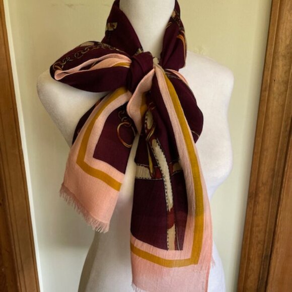 Talbots Mulberry Pink Printed Frayed Oblong Scarf Modal Equestrian Print - Picture 10 of 13